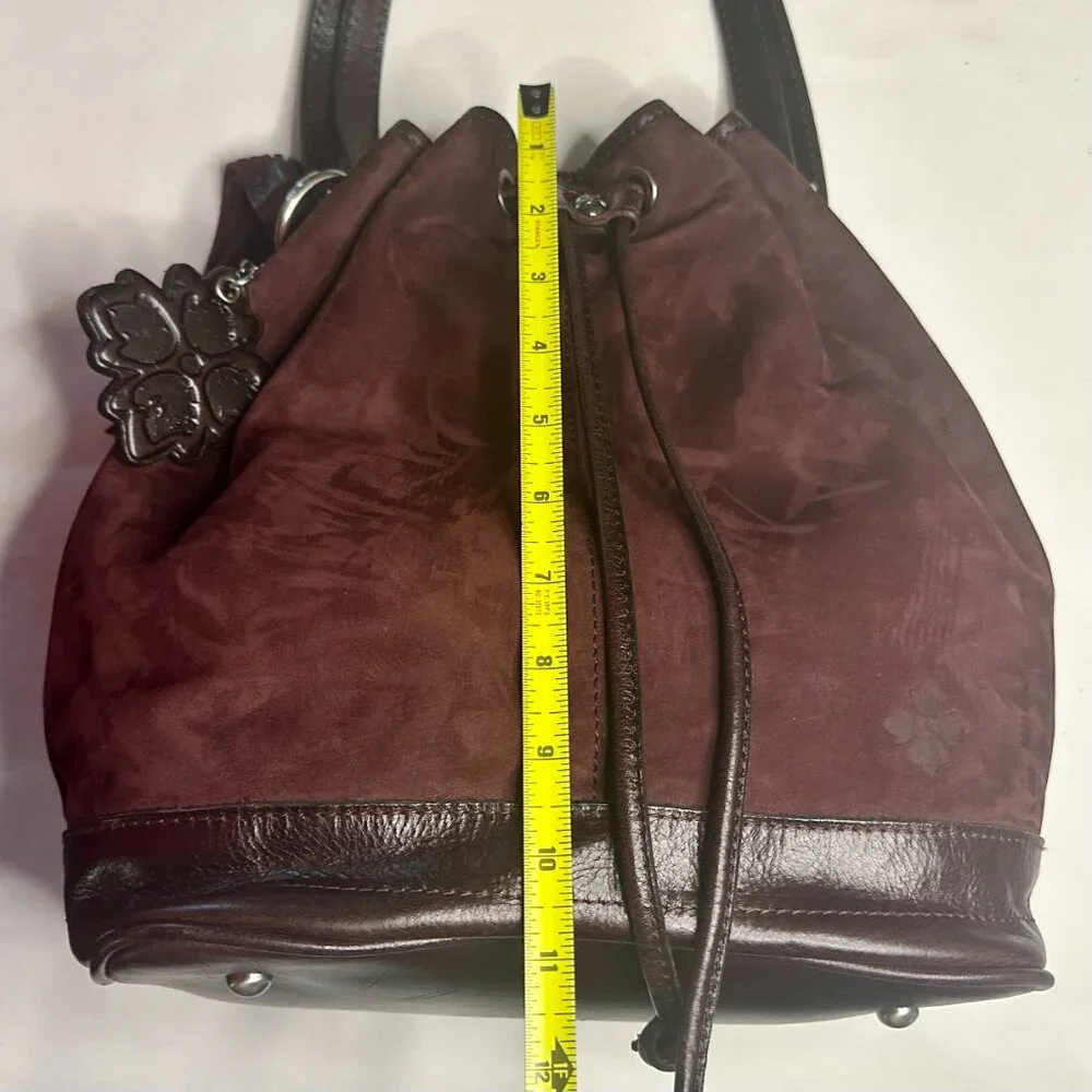 Patricia Nash Melrose Brushed Italian Nubuck Drawstring Bucket Bag Plum Key Fob